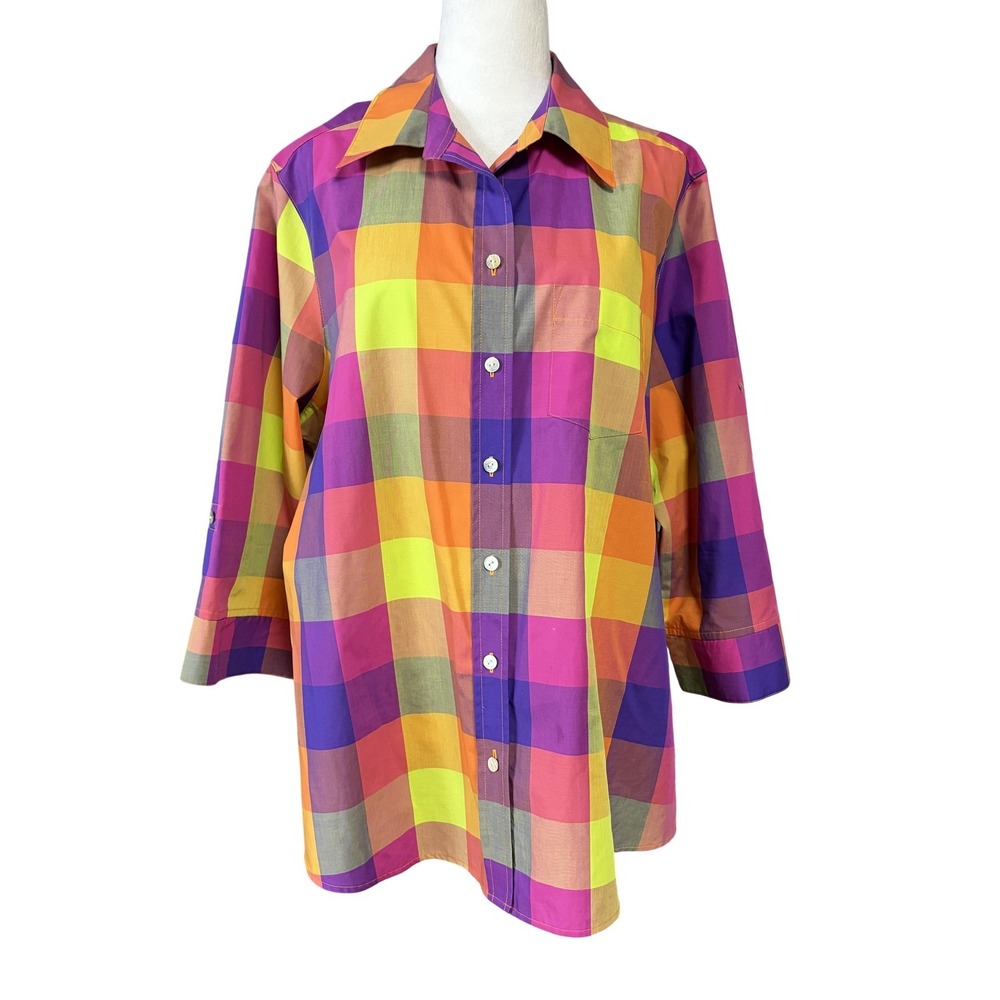 Foxcroft Shirt Womens 16W Multicolor Plaid Wrinkle Free 3/4 Sleeve Button‎ Up